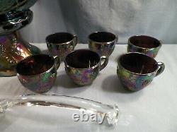 L. E. Smith Amethyst Carnival Glass GRAPE Punch Bowl Set 12 Cups Ladle Bowl Base