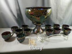 L. E. Smith Amethyst Carnival Glass GRAPE Punch Bowl Set 12 Cups Ladle Bowl Base