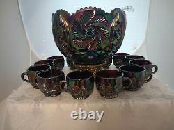 L. E. Smith Amethyst Carnival Glass PINWHEEL Punch Bowl Set 12 Cups withLadle &Base