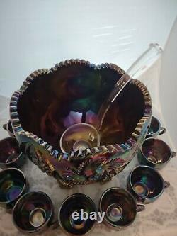 L. E. Smith Amethyst Carnival Glass PINWHEEL Punch Bowl Set 12 Cups withLadle &Base