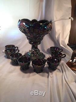 L. E. Smith Carnival Punch Bowl Set With 8 Cups And A Glass Ladle