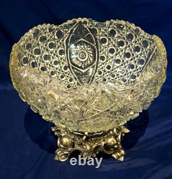 L. E. Smith Clear Cut Glass Crystal Punch Bowl with Brass Base