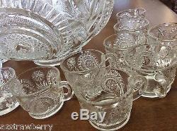 L E Smith Clear Glass Clear Pinwheel & Star Slewed Horseshoe 17pc Punch Bowl Set