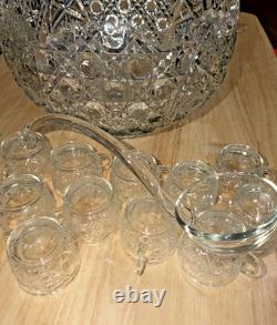 L E Smith Crystal Daisy and Button Punch Bowl 12 Cups, Glass Ladle beautiful L E Smith Crystal Daisy and Button Punch Bowl 12 Cups, Glass Ladle beautiful