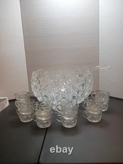 L E Smith Crystal Daisy and Button Punch Bowl 12 Cups, Glass Ladle beautiful con