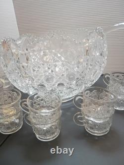 L E Smith Crystal Daisy and Button Punch Bowl 12 Cups, Glass Ladle beautiful con