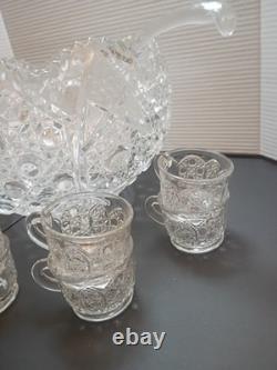 L E Smith Crystal Daisy and Button Punch Bowl 12 Cups, Glass Ladle beautiful con