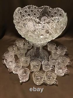L. E. Smith Crystal Pedestal Punch Bowl Set 20 Matching Cups Daisy & Buttons