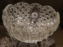 L. E. Smith Crystal Pedestal Punch Bowl Set 20 Matching Cups Daisy & Buttons