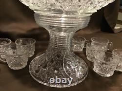 L. E. Smith Crystal Pedestal Punch Bowl Set 20 Matching Cups Daisy & Buttons