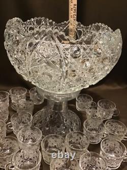 L. E. Smith Crystal Pedestal Punch Bowl Set 20 Matching Cups Daisy & Buttons
