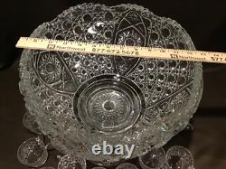 L. E. Smith Crystal Pedestal Punch Bowl Set 20 Matching Cups Daisy & Buttons
