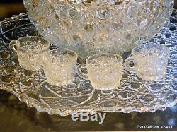 L. E. Smith Daisy Button Clear Punch Set, Bowl under Tray, Glass Ladle & 53 cups