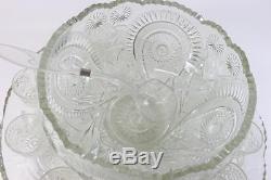 L E Smith Glass Clear Pinwheel & Star Slewed Horseshoe 15 pc Punch Bowl Set