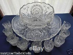 L E Smith Glass Clear Pinwheel & Star Slewed Horseshoe 20 pc Punch Bowl Set