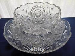 L E Smith Glass Clear Pinwheel & Star Slewed Horseshoe 20 piece Punch Bowl Set