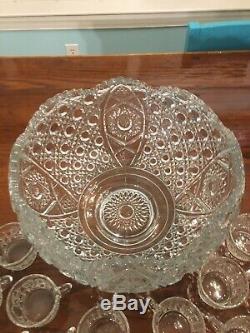 L. E. Smith Glass Company Daisy Button Punch Bowl Set with 17 Cups