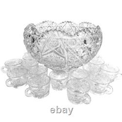 L E Smith Glass Company Daisy & Button Punch Bowl Set with 17 Cups-Excellent