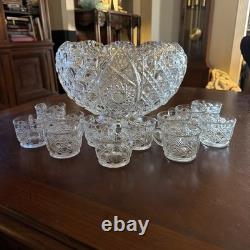 L. E. Smith Glass Cupped Punch Bowl 12 matching cups Daisy & Button pattern