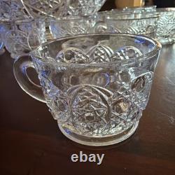 L. E. Smith Glass Cupped Punch Bowl 12 matching cups Daisy & Button pattern