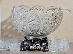 L E Smith Glass Daisy and Button Clear Punch Bowl Withmetal stand & Ladle 14pc Set
