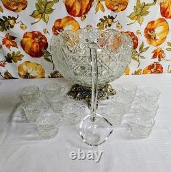 L E Smith Glass Daisy and Button Punch Bowl, Silver Stand, 12 Cups, Glass Ladle