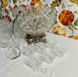 L E Smith Glass Daisy and Button Punch Bowl, Silver Stand, 12 Cups, Glass Ladle