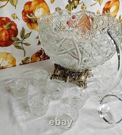 L E Smith Glass Daisy and Button Punch Bowl, Silver Stand, 12 Cups, Glass Ladle