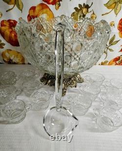 L E Smith Glass Daisy and Button Punch Bowl, Silver Stand, 12 Cups, Glass Ladle