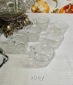 L E Smith Glass Daisy and Button Punch Bowl, Silver Stand, 12 Cups, Glass Ladle