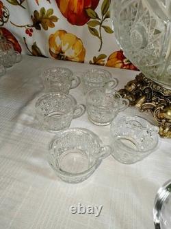 L E Smith Glass Daisy and Button Punch Bowl, Silver Stand, 12 Cups, Glass Ladle