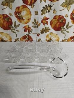 L E Smith Glass Daisy and Button Punch Bowl, Silver Stand, 12 Cups, Glass Ladle