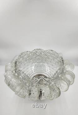 L E Smith Glass Daisy and Button Punch Bowl, Silver Toned Stand, 22 Cups (READ)