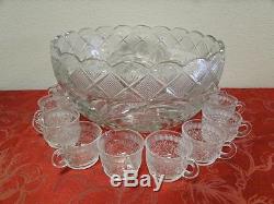 L. E. Smith Glass Holiday, Clear, Flowers, Leaves Punch Bowl & 10 Cups Set