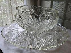 L E Smith Glass Huge Pinwheel & Star Slewed Horseshoe Punch Bowl Set