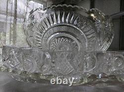L E Smith Glass Huge Pinwheel & Star Slewed Horseshoe Punch Bowl Set