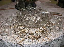 L E Smith Glass Moon & Stars Punch Bowl with 10 Cups & Underplate & ladle