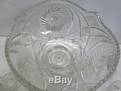 L E Smith Glass Pinwheel & Star Slewed Punch Bowl With Pedestal And 11 Cups