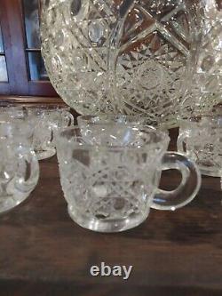 L. E. Smith Large Daisy & Button Punch Bowl Set With 17 Serving Cups Vintage Glass