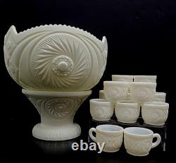 L. E. Smith Milk Glass Aztec Large Bowl with Pedestal & 12 Cups Punch Set