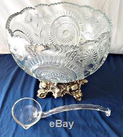 L E Smith Pinwheel & Star Punch Bowl with Metal Stand & Ladle