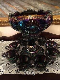 L E Smith Purple Carnival Punch Bowl, 8 cups and Glass ladle 12 H x 11 W