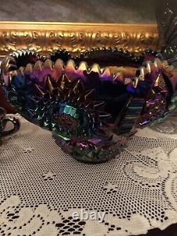L E Smith Purple Carnival Punch Bowl, 8 cups and Glass ladle 12 H x 11 W