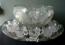 L. E. Smith Slewed Horseshoe Complete 15 Pc Punch Bowl Set Pinwheel & Stars