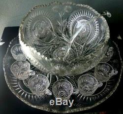 L. E. Smith Slewed Horseshoe Complete 15 Pc Punch Bowl Set Pinwheel & Stars