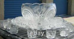 L. E. Smith Slewed Horseshoe Complete 15 Pc Punch Bowl Set Pinwheel & Stars