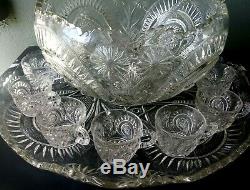 L. E. Smith Slewed Horseshoe Complete 15 Pc Punch Bowl Set Pinwheel & Stars