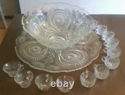 L. E. Smith Slewed Horseshoe Glass Punch Bowl & 22 Underplate with16 glasses