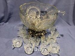 L. E. Smith Vtg 15 Pc Punch Bowl Set With Gold Tone Base Pinwheel & Stars