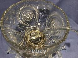 L. E. Smith Vtg 15 Pc Punch Bowl Set With Gold Tone Base Pinwheel & Stars